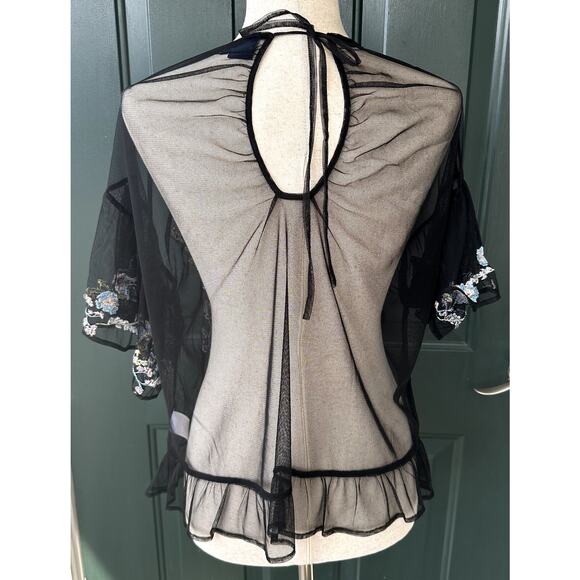 Sheer Black Mesh Ruffle Top Sz M w/ Floral Embroidery Whimsigoth Dark Floral - Picture 7 of 9